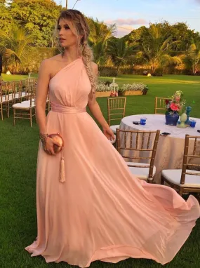 Blush A Line One Shoulder Flowy Chiffon Long Bridesmaid Dresses PB154