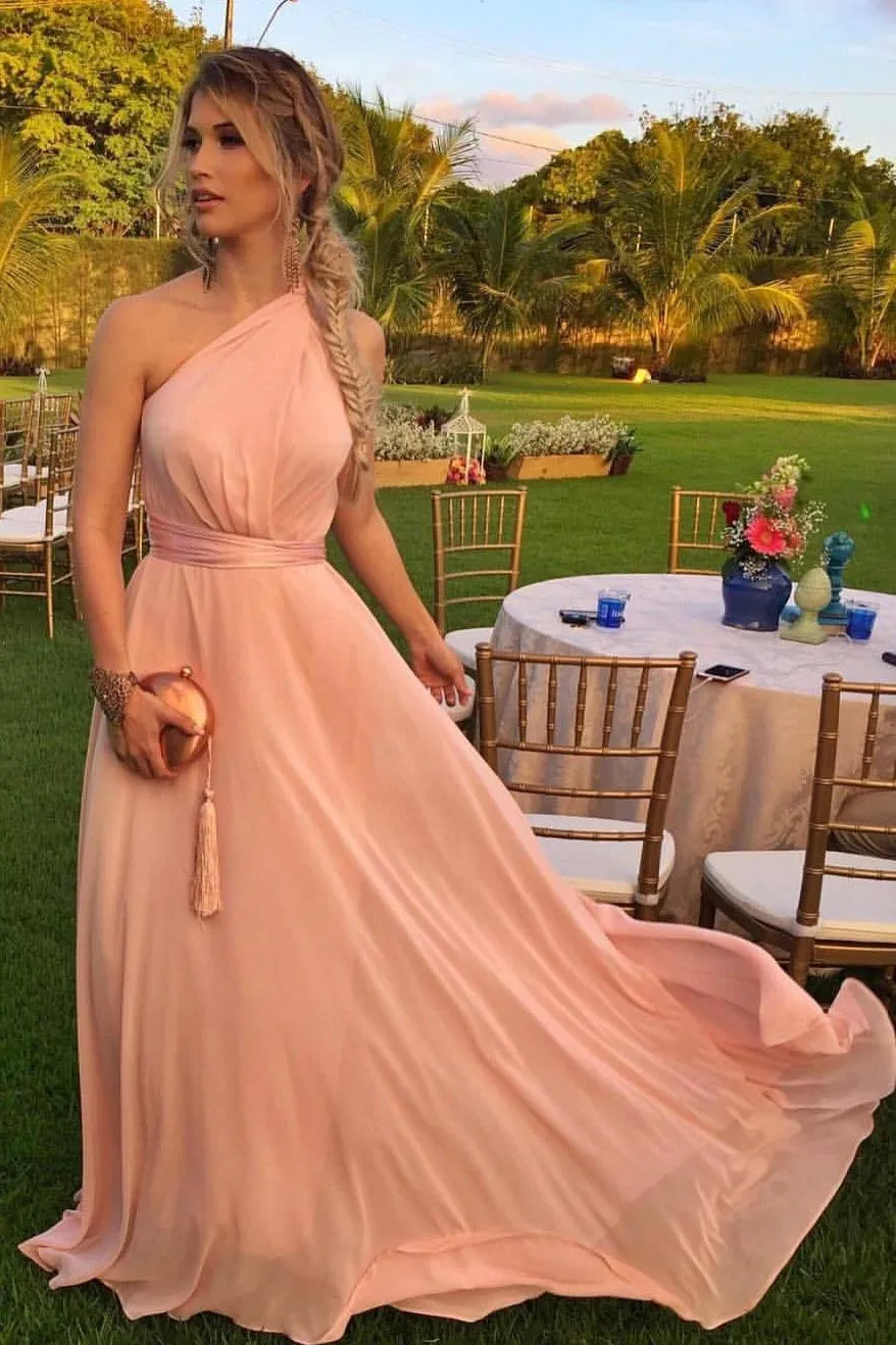Blush A Line One Shoulder Flowy Chiffon Long Bridesmaid Dresses PB154