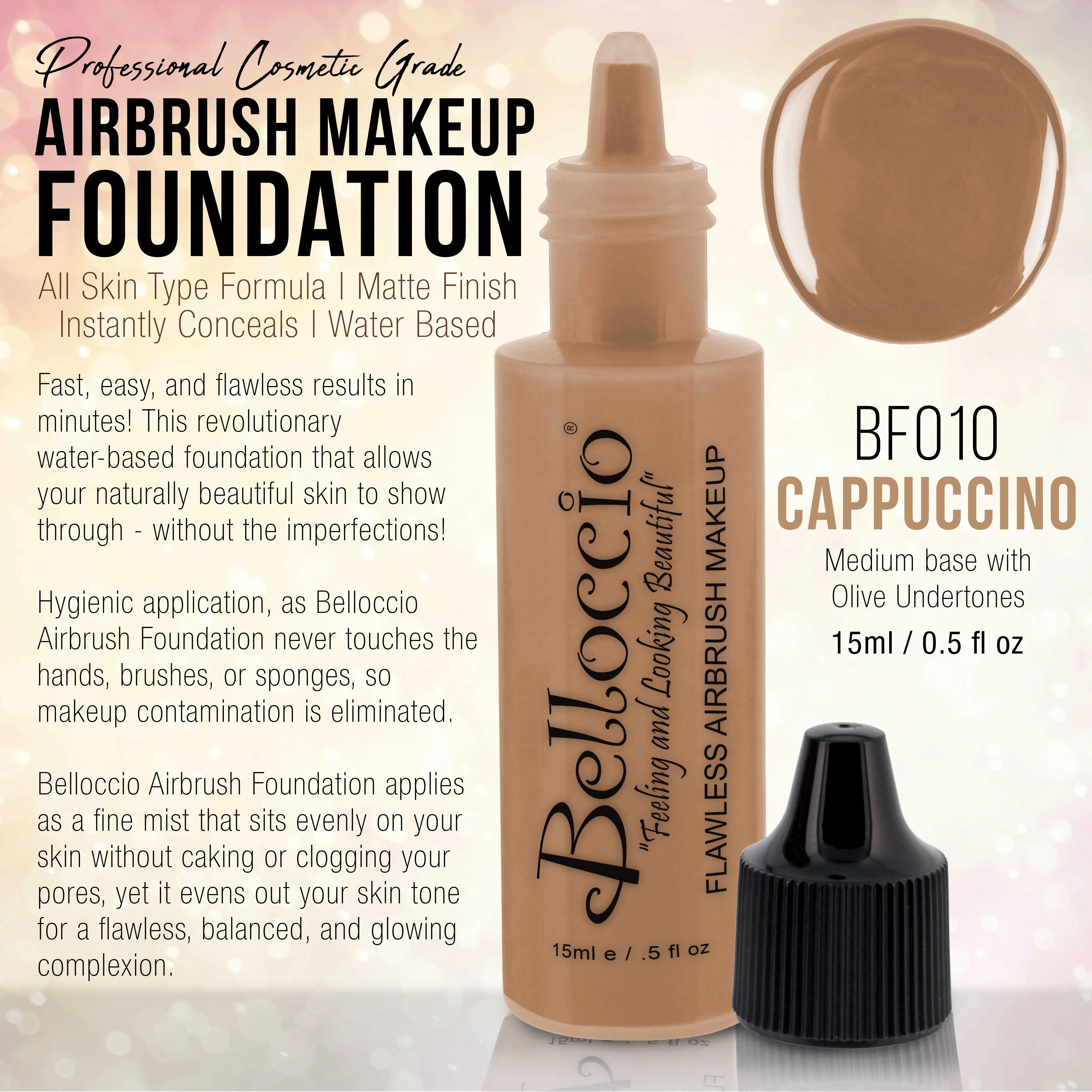CAPPUCCINO Color Shade Belloccio Professional Airbrush Makeup Foundation, 1/2 oz.