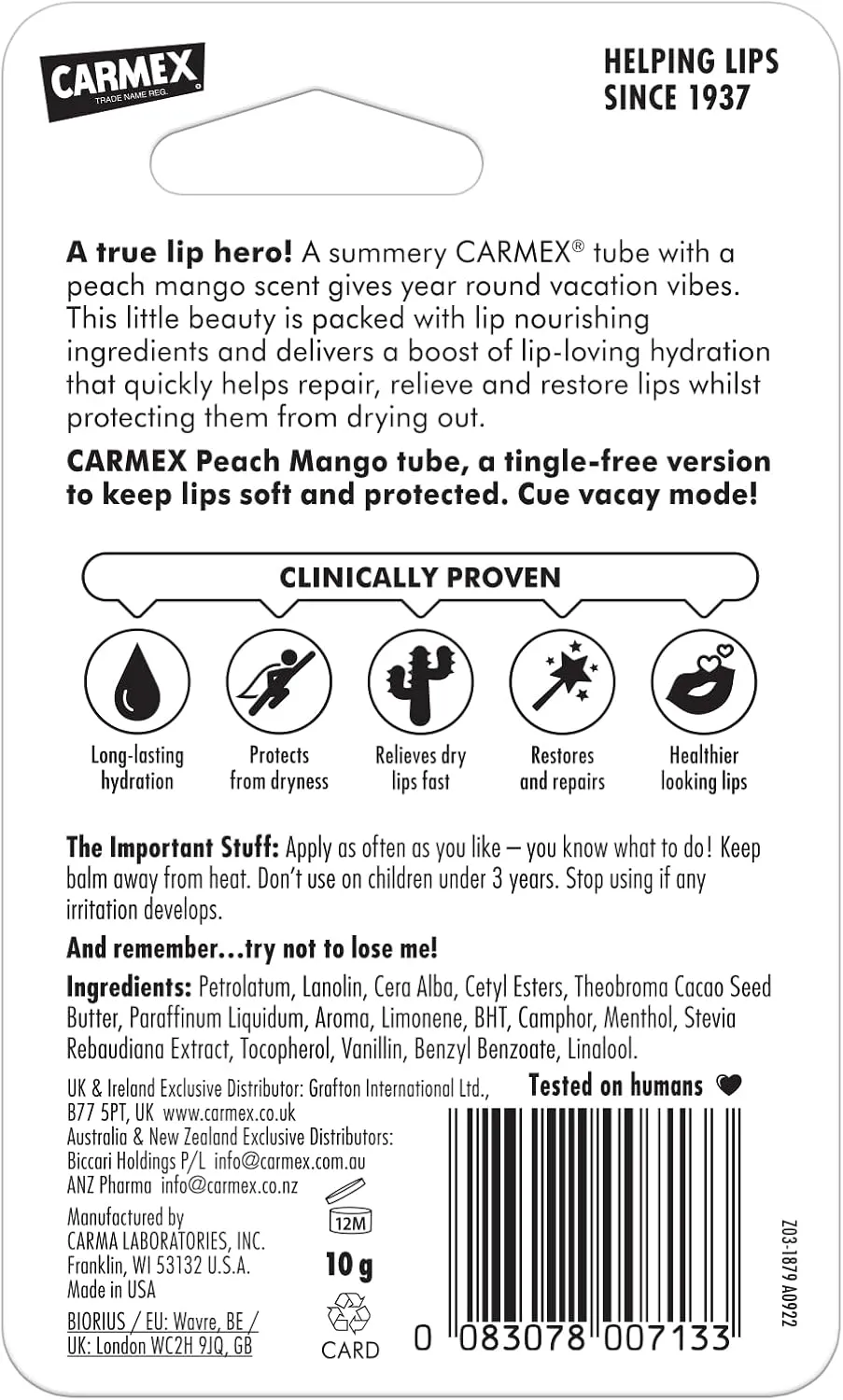 Carma Laboratories Carmex Moisturising Lip Balm Tube Peach And Mango Burst