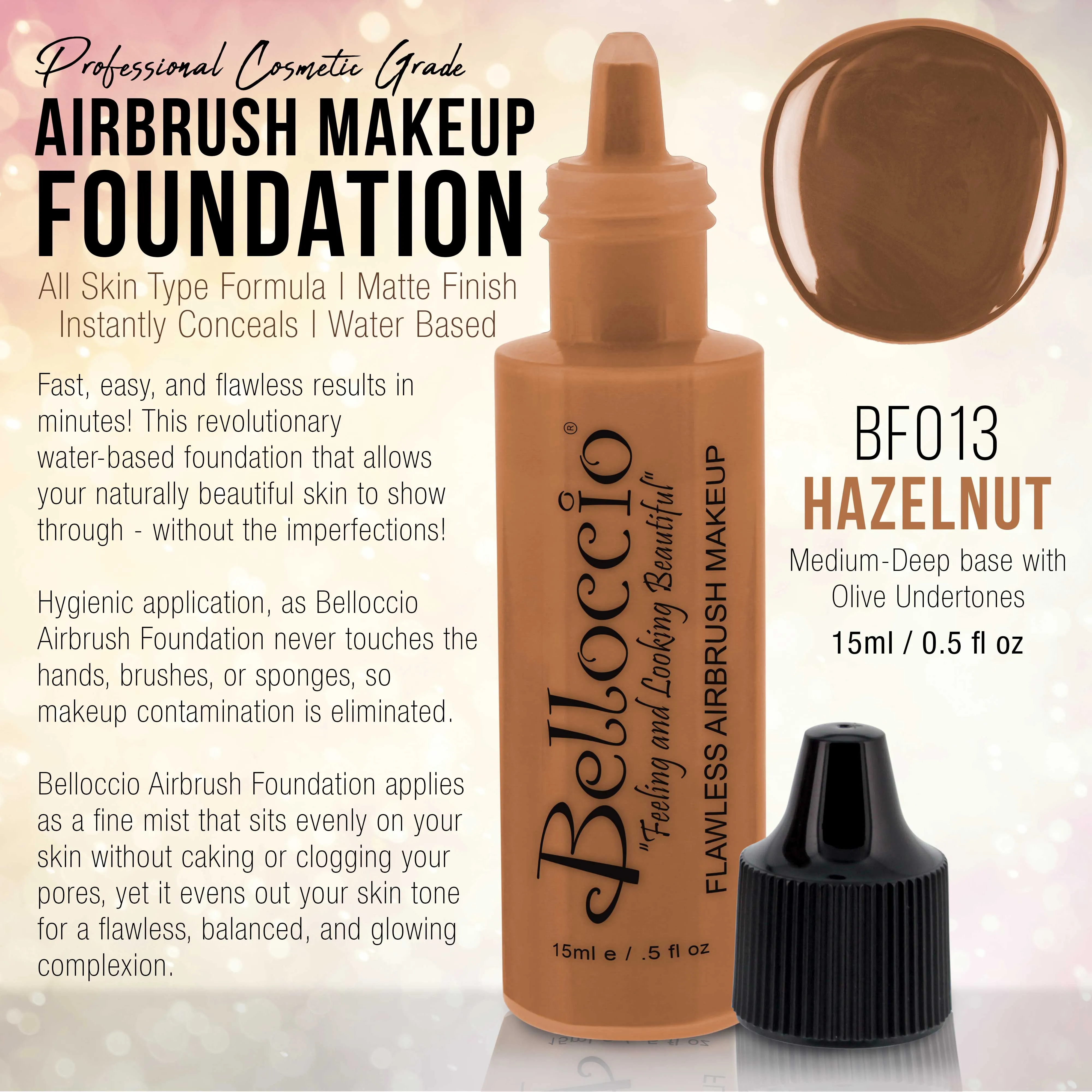 HAZELNUT Color Shade Belloccio Professional Airbrush Makeup Foundation, 1/2 oz.