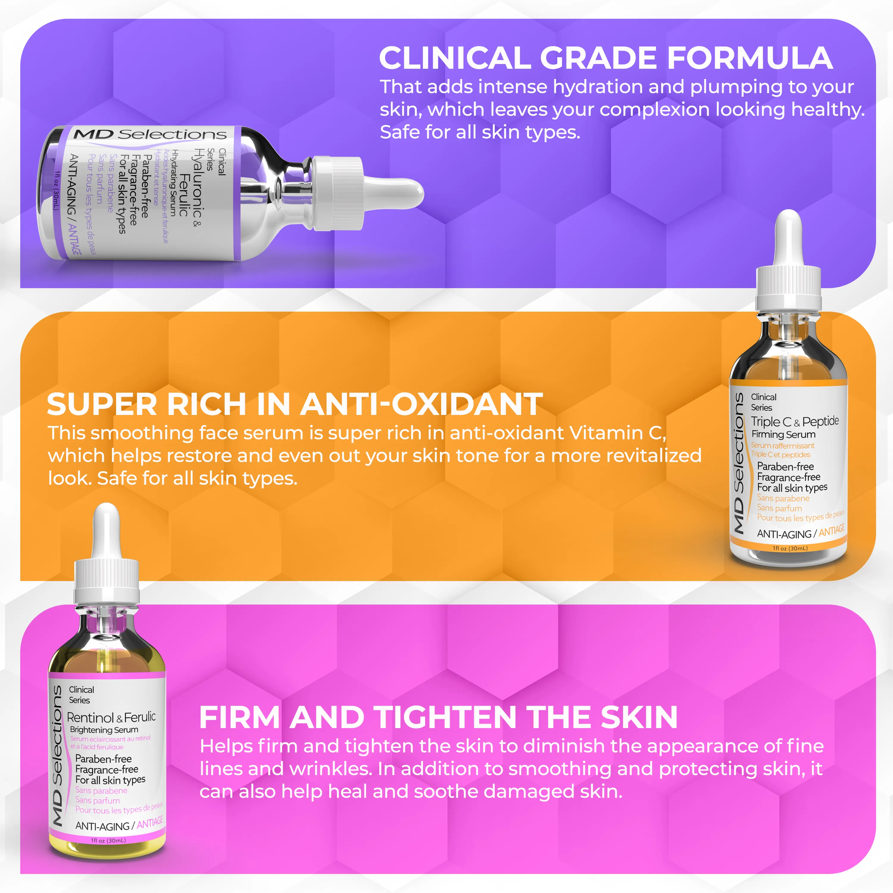 MD Selections Retinol Serum for Face, Hyaluronic Acid Serum for Face, Triple C Serum for Face Bundle, 3 Fl Oz (Pack of 3)