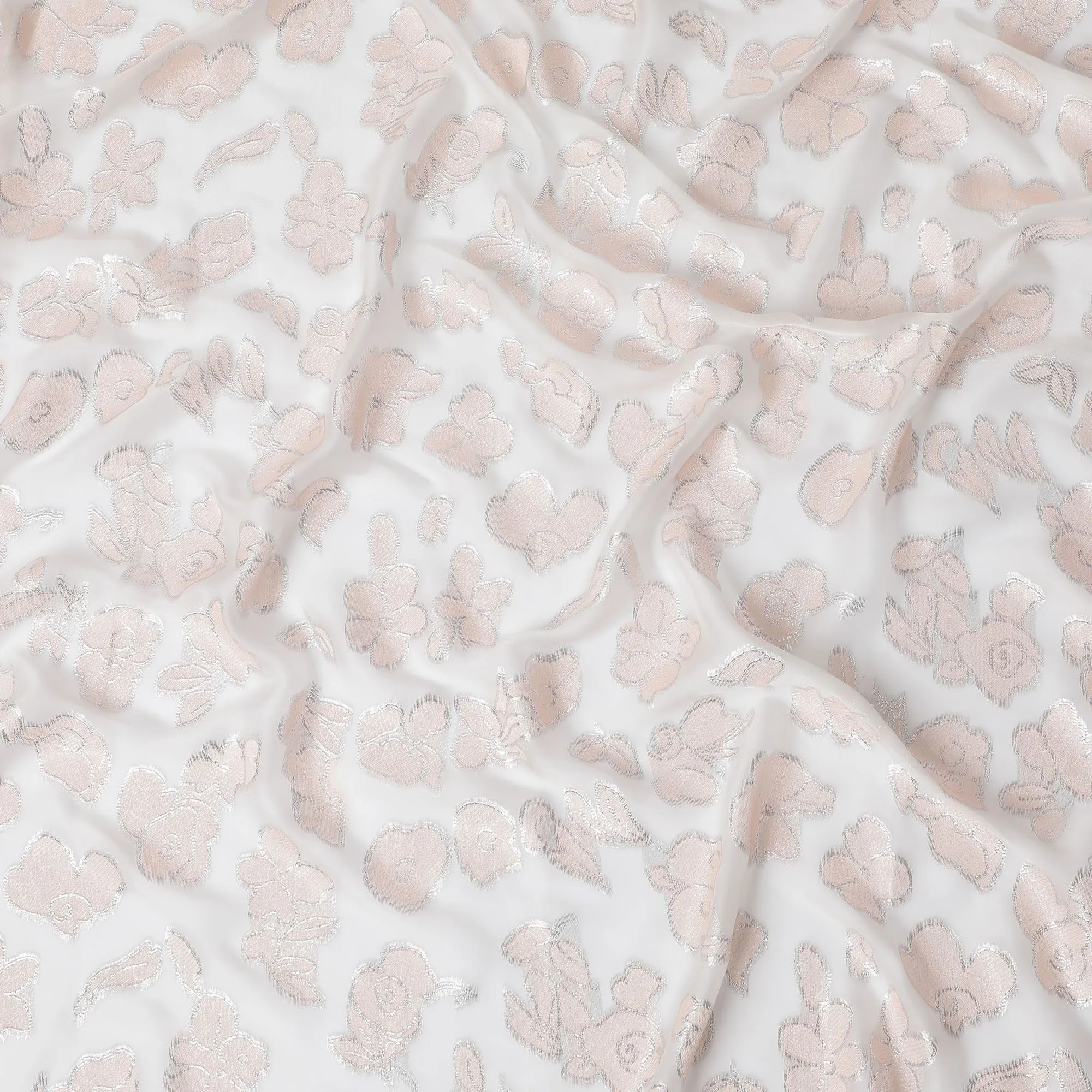 Whispering Blush Pure Fransawi Silk Chiffon Fabric with Silver Floral Embroidery, 110cm Width - Traditional Garbasaar, Piece of 2.0 Mtrs-D18645