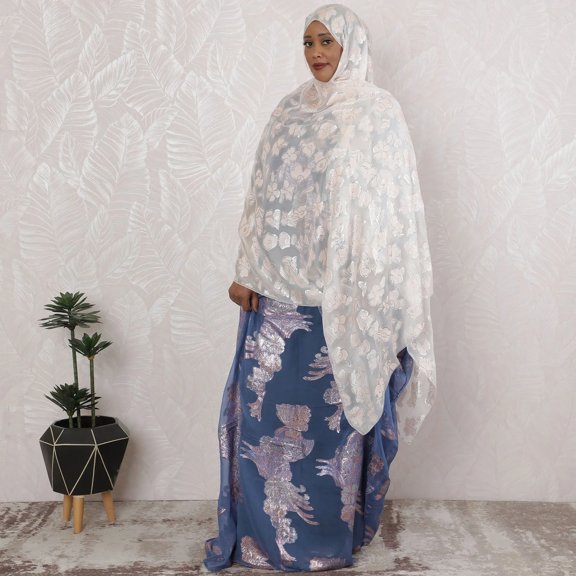 Whispering Blush Pure Fransawi Silk Chiffon Fabric with Silver Floral Embroidery, 110cm Width - Traditional Garbasaar, Piece of 2.0 Mtrs-D18645